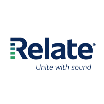 Relate Hearing Aids logo with tagline "Unite with sound".