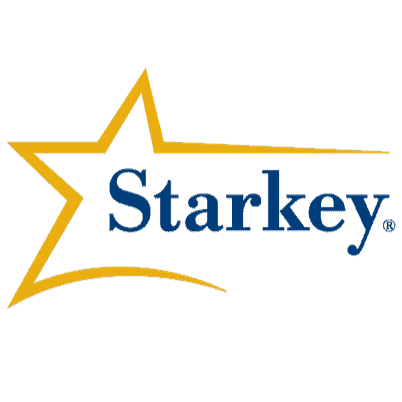 Starkey hearing aids logo with star design and brand name.